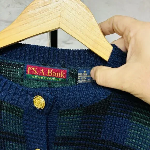 Jos. A Bank Wool Cardigan Sweater Plaid Gold Buttons Old Money Vintage 90s - Picture 3 of 7